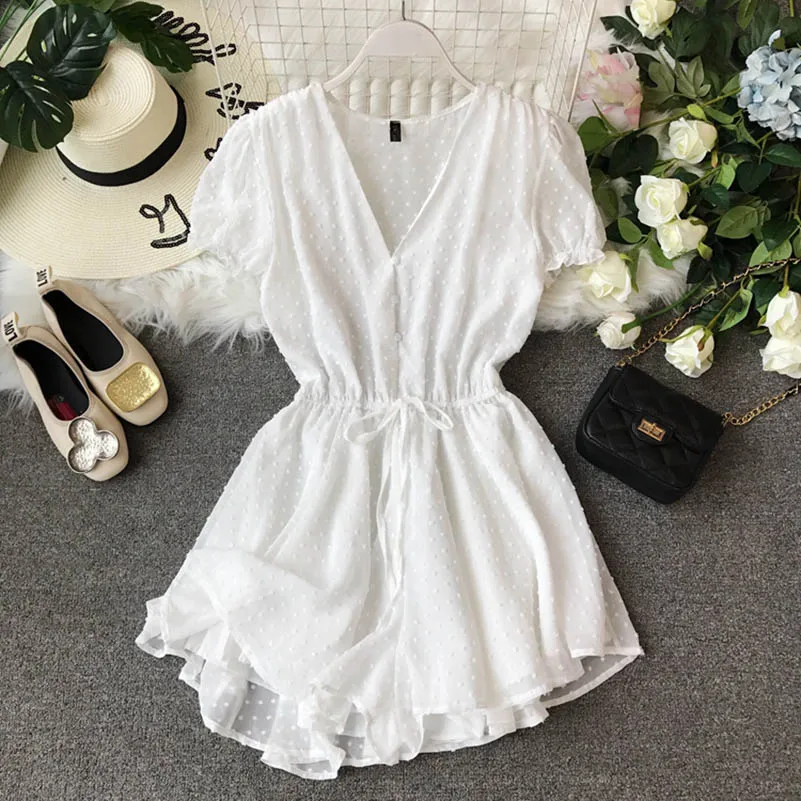 2020 summer bodysuit New V-collar Flocking Point Chiffon Couplet Girls Summer Short Playsuits Women Short Sleeve Sweet Jumpsuits 2020 summer bodysuit New V-collar Flocking Point Chiffon Couplet Girls Summer Short Playsuits Women Short Sleeve Sweet Jumpsuits