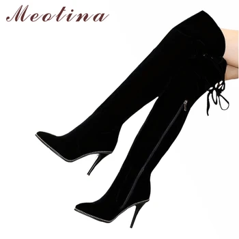 

Meotina Winter Over the Knee Boots Winter Bling Women Thigh High Boots High Heel Zipper Lace Up Tall Boots Autumn Female Black