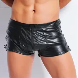 Пикантные мужские черные искусственная кожа шорты Боксеры открытый мешок нижнее бельё для девочек эротические выпуклость человек трус