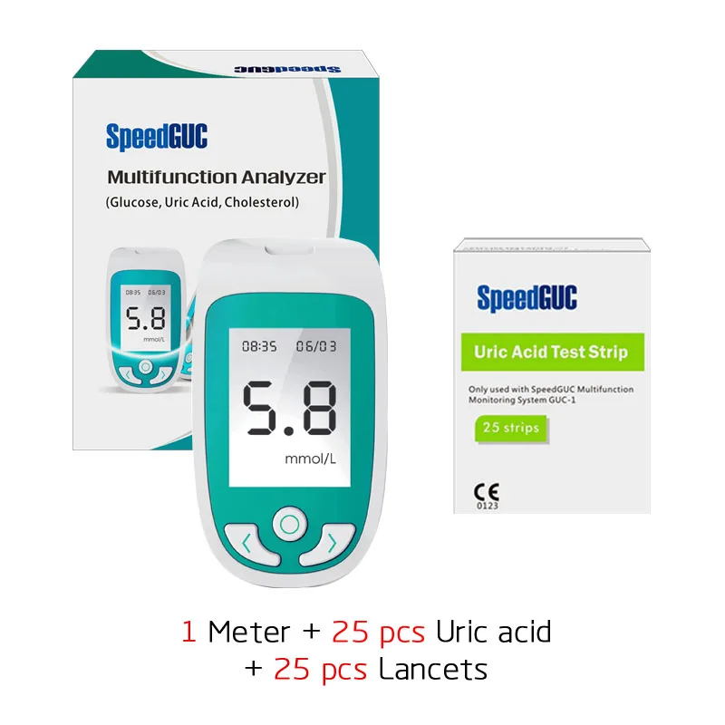 3в1 Многофункциональный измеритель уровня холестерина и мочевой кислоты и уровня глюкозы в крови система мониторинга подагра диабета устройство с тестовыми полосками и ланцетами - Цвет: Meter Uric acid25