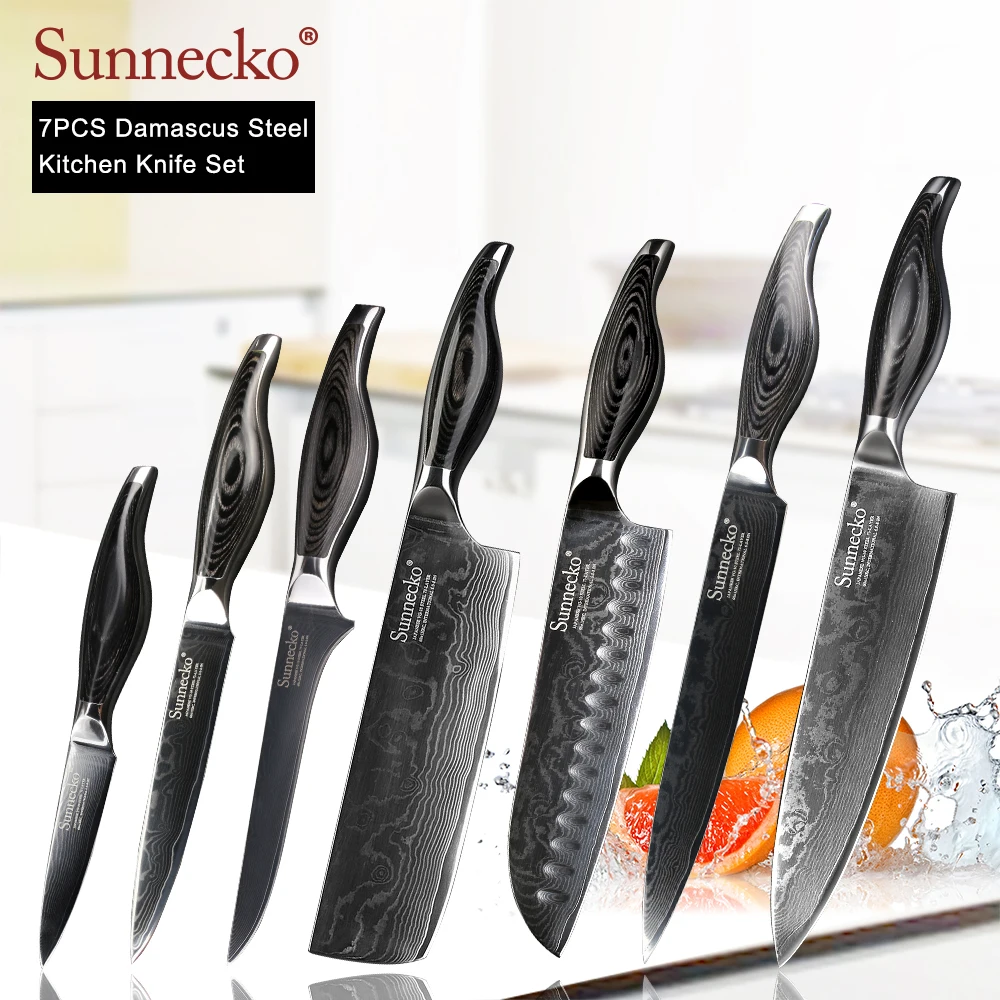 

SUNNECKO 7PCS Kitchen Knives Set Chef Slicing Utility Paring Santoku Boning Knife Damascus Japanese VG10 Steel Pakka Wood Handle