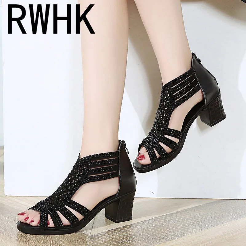 

RWHK Summer sandals female thick with 2019 new Korean version of the ladies sequins high heels wild fish mouth sandals tide B035