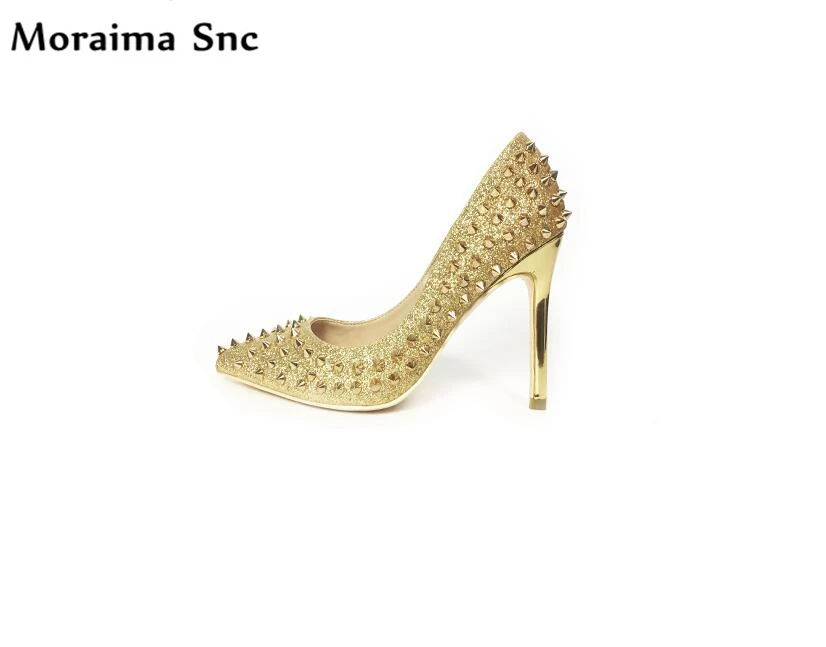 

Moraima Snc golden wedding pumps sexy thin high heels 20108 newest cuspidal rivets shallow slip-on pointed toe PU leather