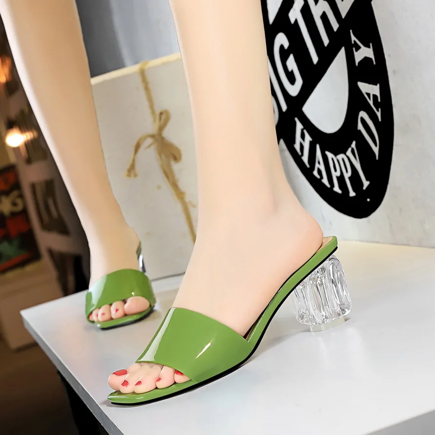 

2019 Summer Women Block 6.5cm High Heels Yellow Mules Transparent Casual Thick Sandals Female Pumps Low Clear Heels Green Shoes