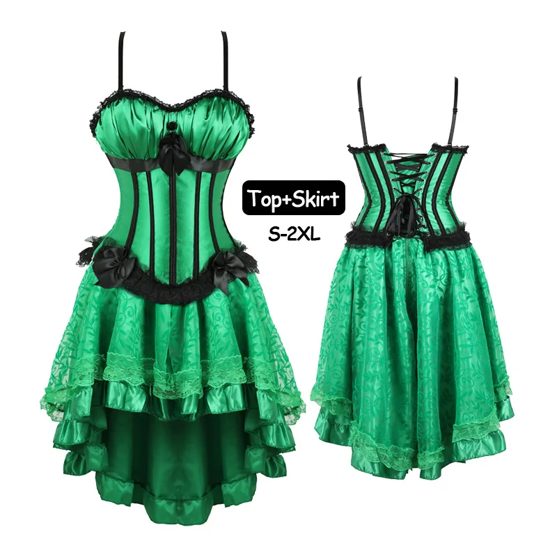 

Women Plus Size Zipper Corset Dress Set Shoulder Straps Bustiers and Corsets Top Skirts Party Vintage Burlesque Costumes Sets