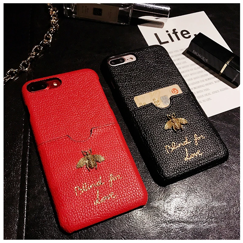 

Luxury brand gg European 3D Metallic Honey Bee Card soft Leather hard phone case for iphone 6 s 7 8 plus X XR XS Max Cover
