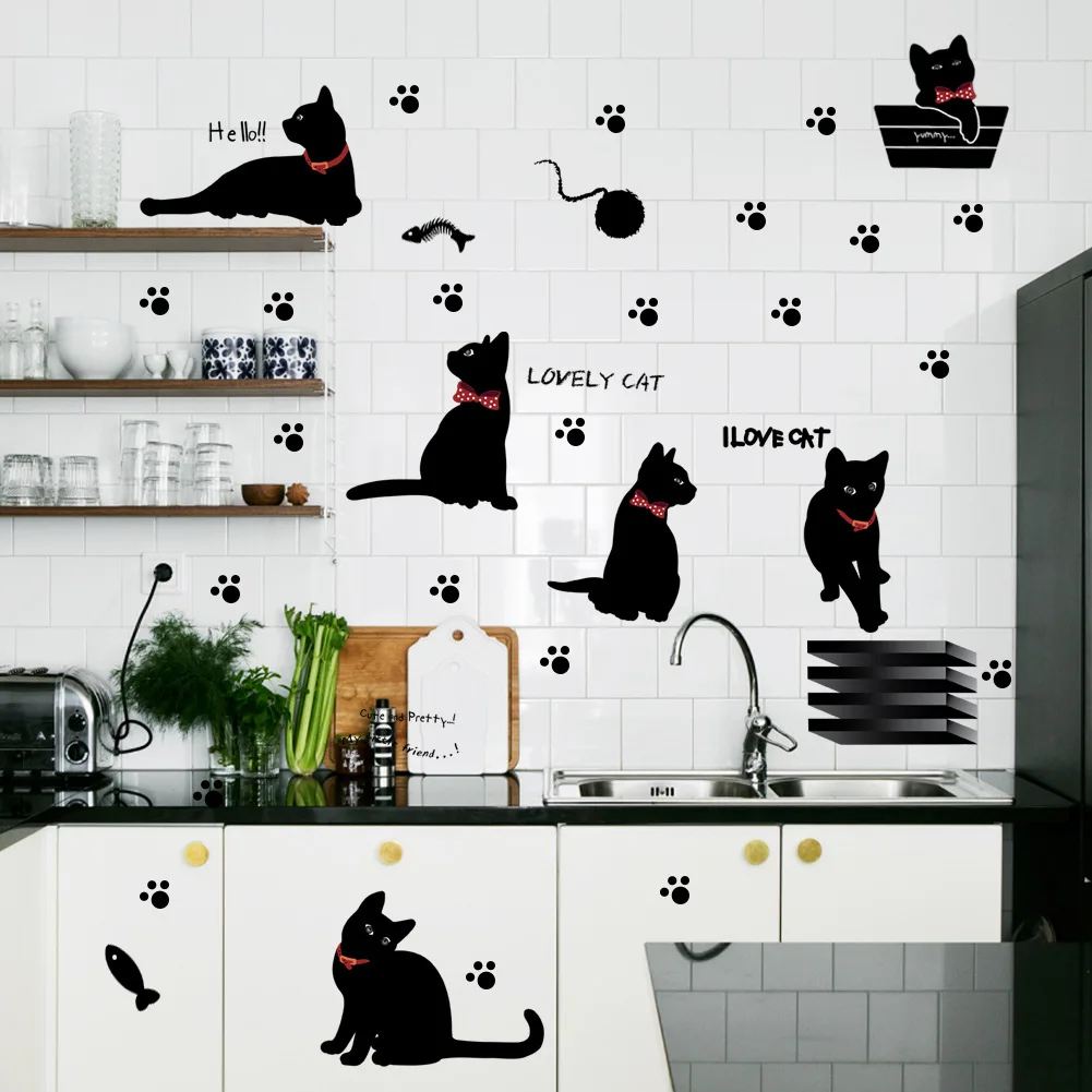 The cute black cat sitting room bedroom background kitchen wall stickers foreign trade wholesale waterproof and can be removed