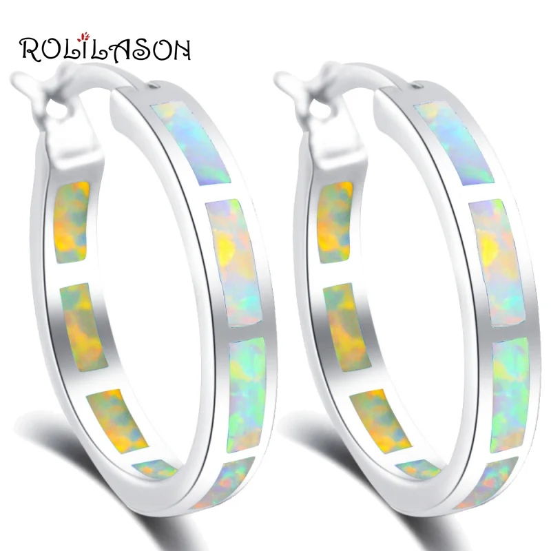 

women bijoux Fashion Round earring White Fire Opal Silver Stamped Hoop Earrings Fashion Jewelry Opal Jewelry OE429