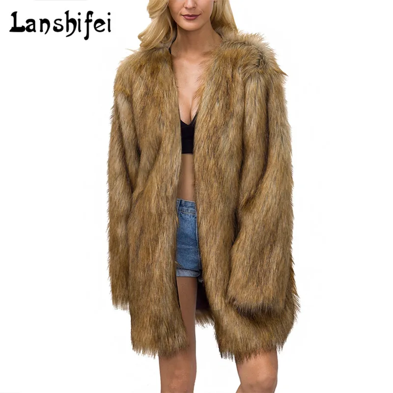 Women Winter Camel Fur Coat Long Sleeve Fluffy Faux Fur Outerwear Lady