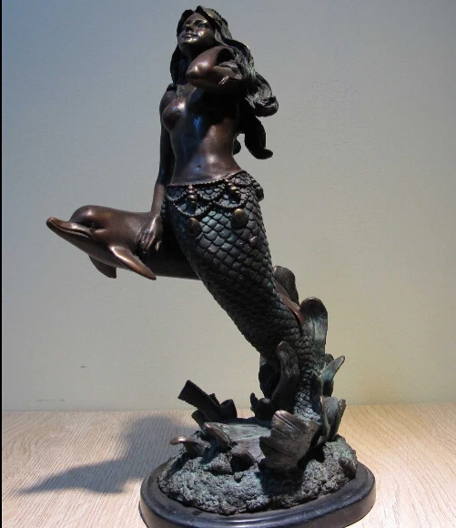 

free Art Decor Bronze Marble Base Sculpture Mermaid Sea-maid Dolphin Figurine Statue fast