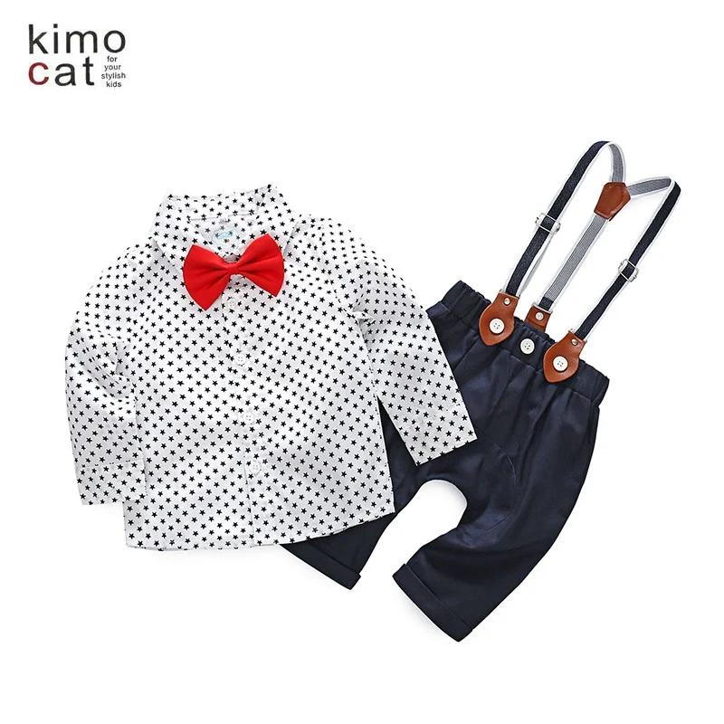 Kimocat/футболка для мальчиков+ шорты на лямках, комплект модной детской одежды из 2 предметов для новорожденных топы с длинными рукавами, осенняя одежда для джентльменов