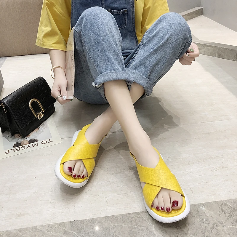 

Summer Casual Sandals Women Shoes Black Yellow White Platform Sandals Cross-strap Open Toe Women Thick Sole Beach Shoes