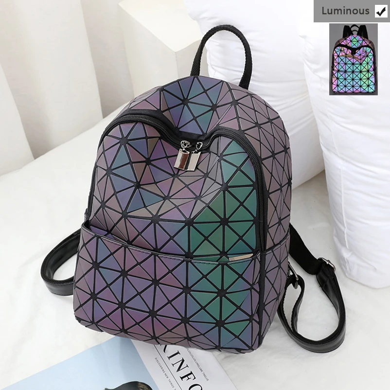 Nevenka Luminous Backpack Women Leather Geometric Backpacks Diamond Lattice Drawstring Backpacks Holographic Backpack Purse 201809