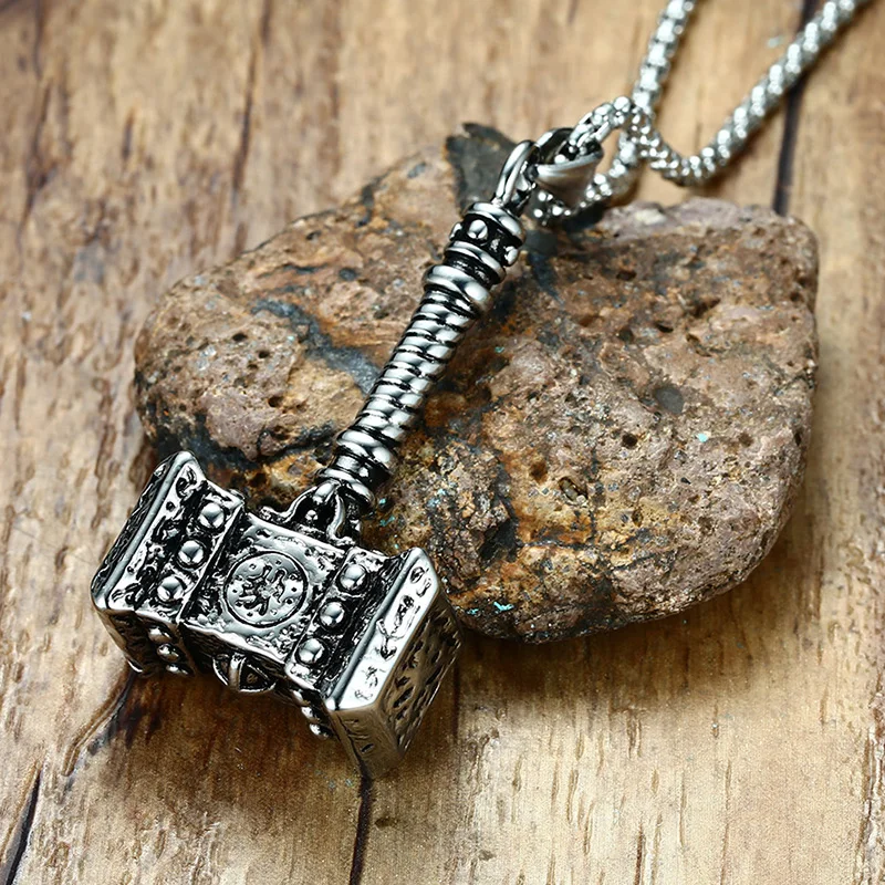 Online Mens sólido Viking Thors collar con dije de martillo de acero inoxidable Vintage Mjolnir es la mitología nórdica joyería