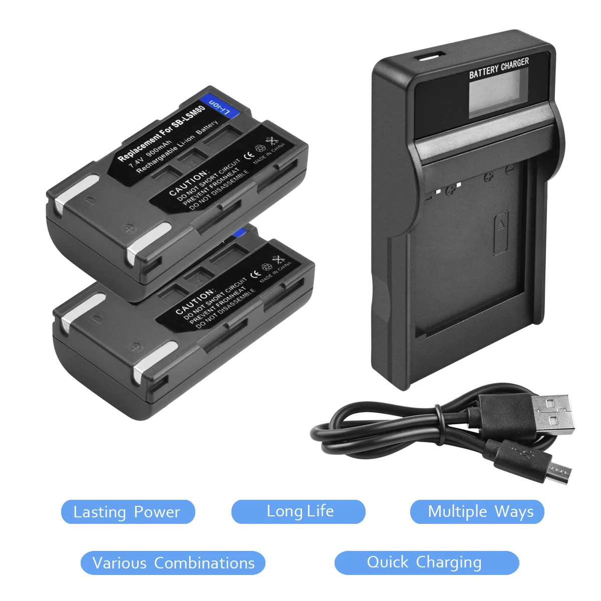 

2Packs SB-LSM80 Li-ion Battery 7.4V 900mAh +1Port Battery Charger with LED For SAMSUNG VP-DC175 VP-DC565 VP-DC575 SC-D357 L15