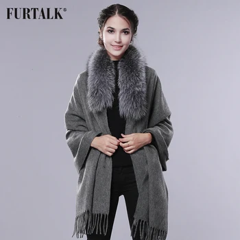 

FURTALK Cashmere Wool Scarf Pashmina Cashmere Fur Shawl Women Real Fox Fur Collar Winter Long Warm Fur Scarf Raccoon Fur Shawl