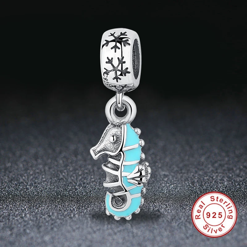 ELESHE Authentic 925 Sterling Silver Hippocampus Charm Blue Enamel Seahorse Bead Fit Original Bracelet & Bangle DIY Jewelry Gift