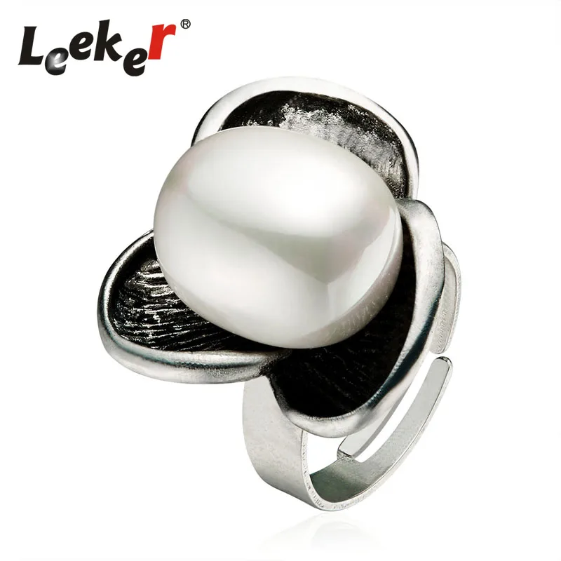 LEEKER индивидуальные большие овальные кольца с искусственным жемчугом для женщин античный серебряный цвет цветок регулируемый размер кольцо ювелирные изделия 93171 LK9