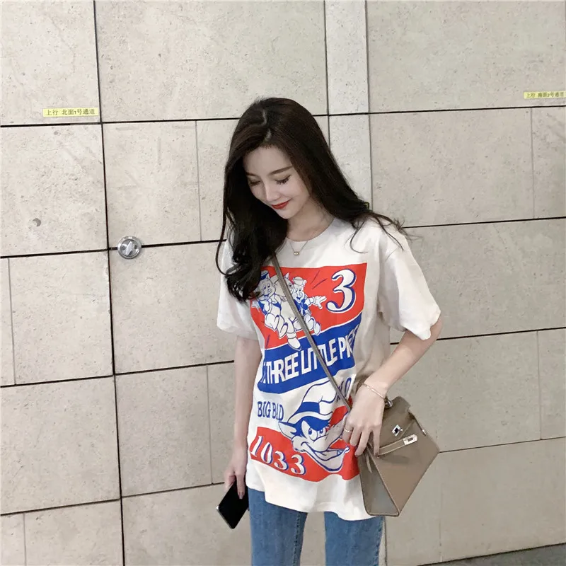 Harajuku Ulzzang Oversize tshirt мультфильм печати короткий рукав футболки корейский стиль Для женщин Свободные Летние Футболка женская Повседневное Топы