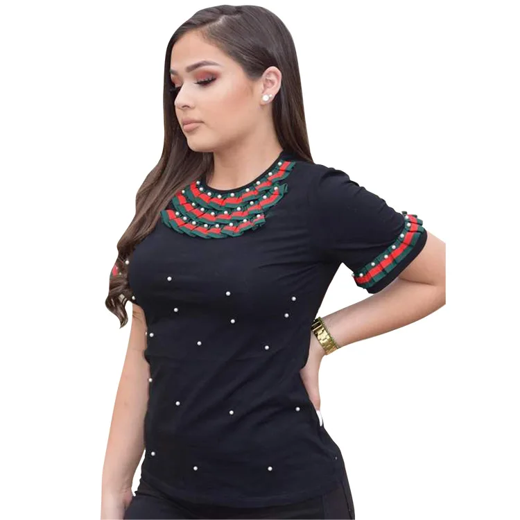 Burgundy Women T shirt Pearl Embellished Ruffle Sleeve Tee Womens