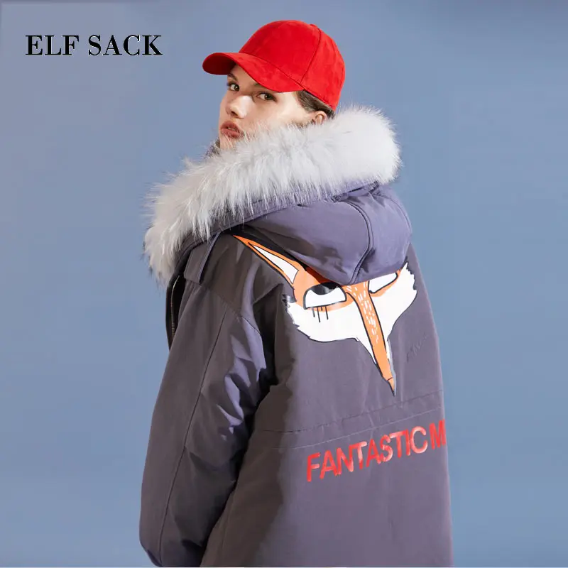 ELF SACK Women Winter Long Down Coats Fox Prints Hooded Fur White Duck Down Coats Warm Thick Longs Down Jackets Fashion Week Coats