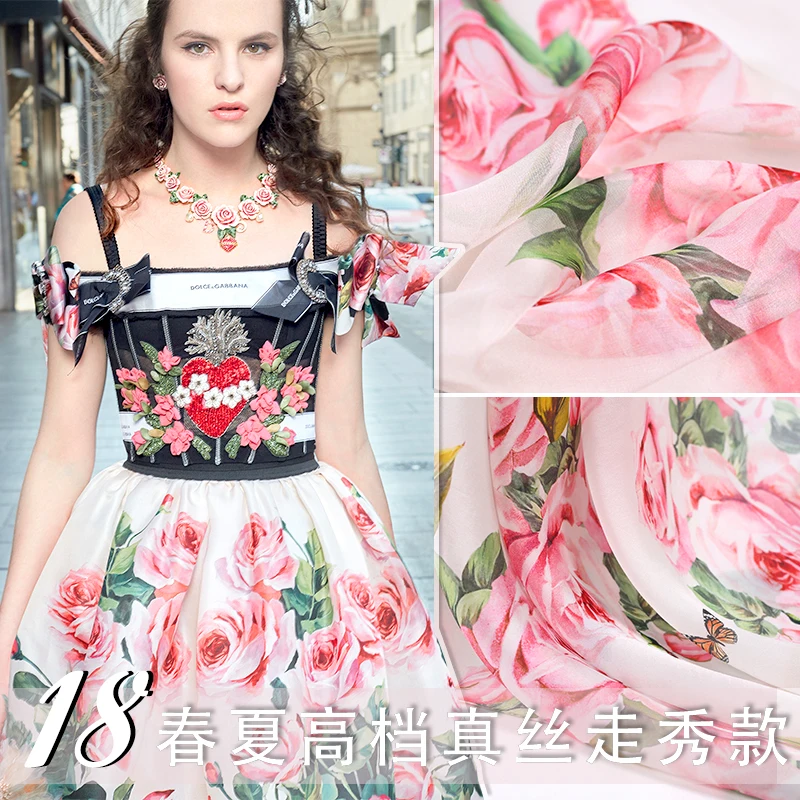 

2018 Spring and Summer New mulberry silk Chiffon Painting Pink Rose Digital Printed Silk fabric For Dress Sewing Wholesale