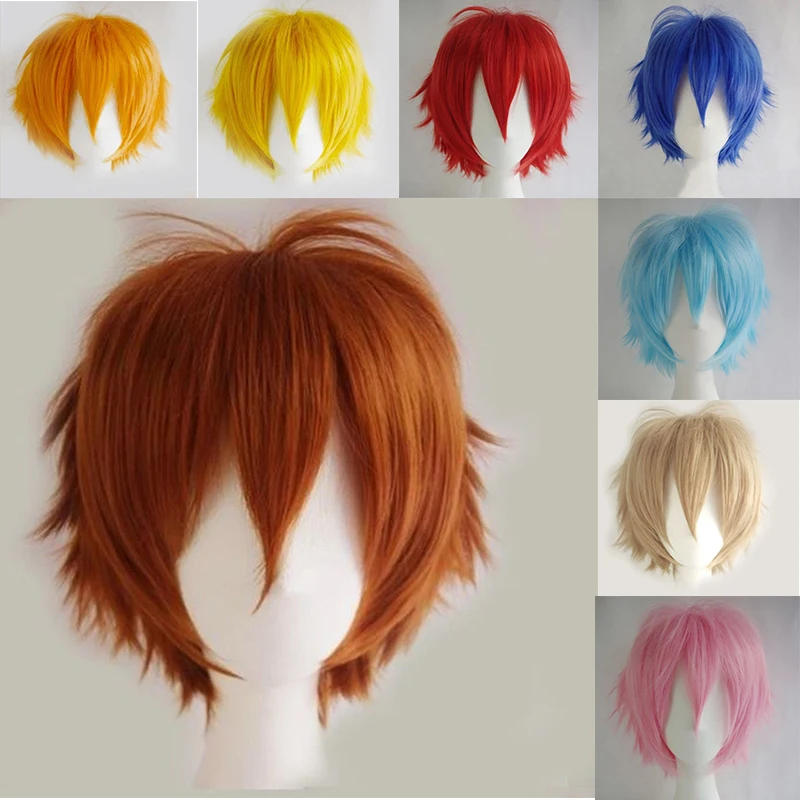 

S-noilite Short Curly Hair 12" Synthetic Cosplay Wigs Black yellow White Brown Red Multi-Color Cosplay wig Heat resistant