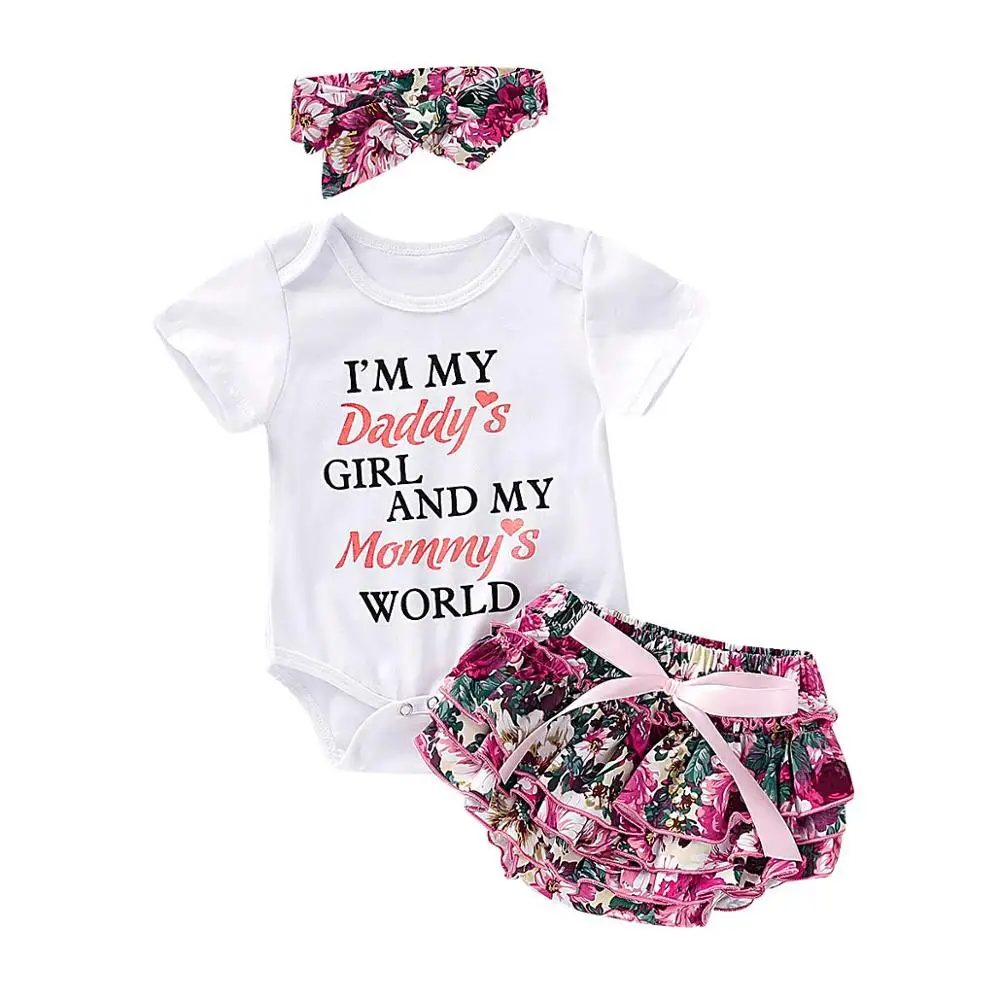 

Baby Girls Clothes Summer White Bodysuit Tops + Floral Skirt + Headband Infant Bebes Floral Outfits Cotton Toddler Kids 3pcs Set
