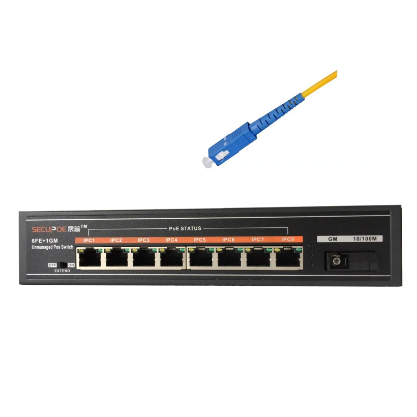 

SECUPOE 8-Port PoE Switch 10/100M 1-Port SC Fiber Optic Uplink 802.3af 802.3at Built-in DC48V Power Supply 250m Transmission