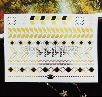 

3sheets Metallic Tattoos Gold Silver Black Flash Tattoo Temporary Fake Arm Chain tatuagem tatuaje for Women Beauty 14.8x21cm