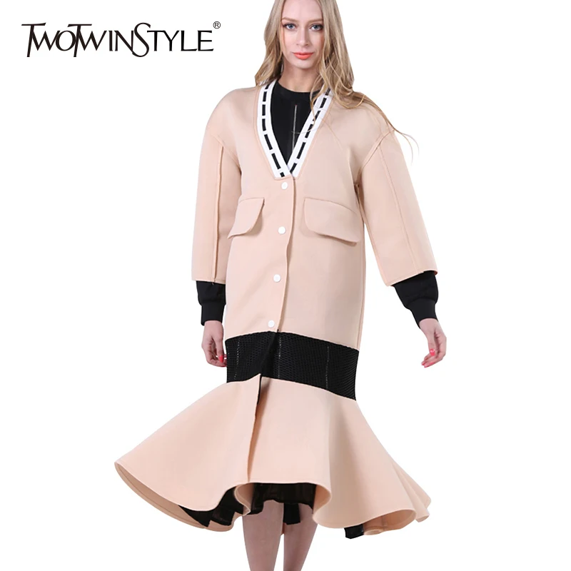 TWOTWINSTYLE Patchwork Mesh Trench Coats Female Fishtail Long Windbreaker Cardigan Women Clothing Space Cotton Fashion