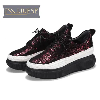 

MLJUESE 2018 women flats sheepskin checkered slip on red color platform loafers casual shoes creeper shoes party dress