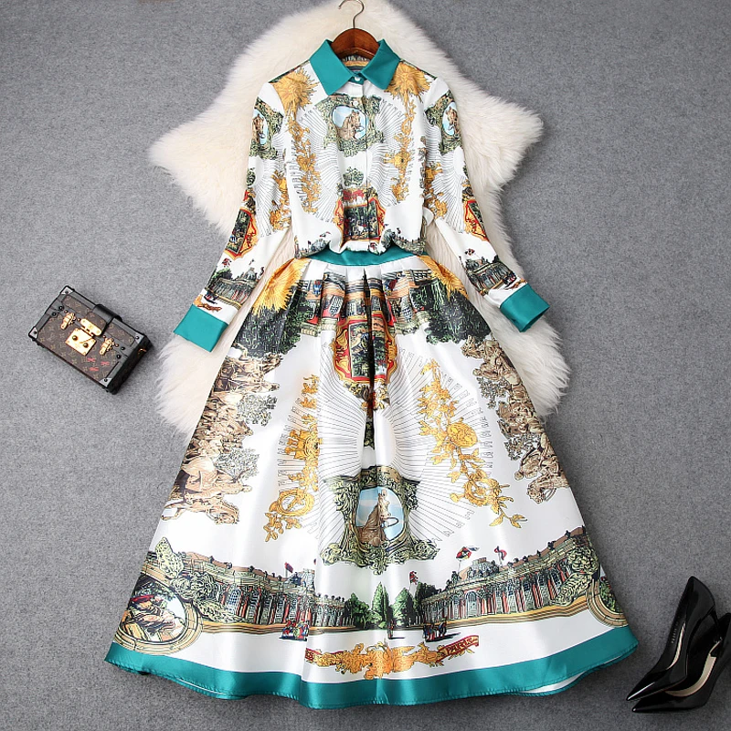 

office work Print clothing set 2019 new spring summer Vintage Loose shirt Print Womens Sets casual Full sleeved long skirt suit