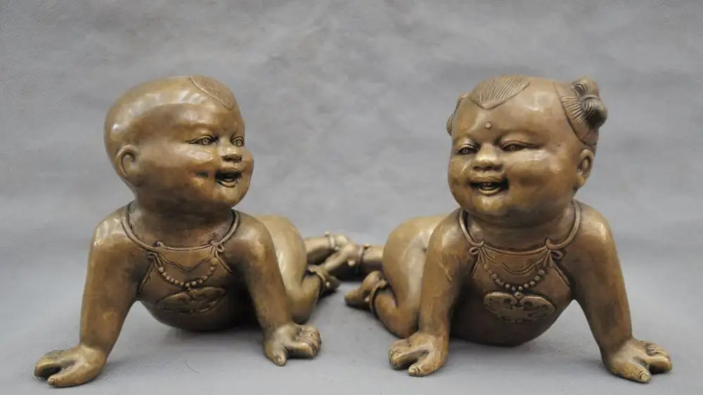 

11'' China Bronze Statue Lucky Boy girl Sculpture