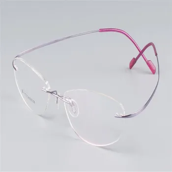 

MONGOTEN Women Pure Titanium Fashion Rimless Ultralight Prescriptions Lens Eyewear Retro Purple Pink Optical Reading Eyeglasses