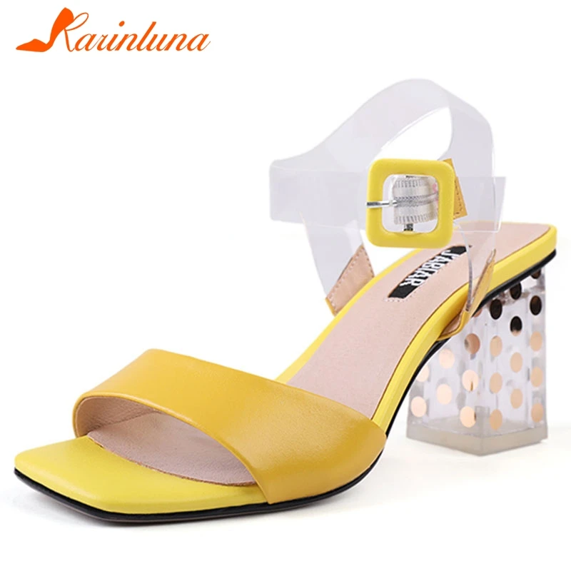 

KARINLUNA Fashion Genuine Leather Ankle Strap Hoof Heels Hot Sale casual Summer Sandals Big Size 33-43 Shoes Woman