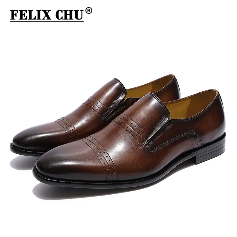 

FELIX CHU Classic Cap Toe Mens Loafers Genuine Leather Italian Brown Black Slip-on Wedding Dress shoes Work Business Men's Shoes