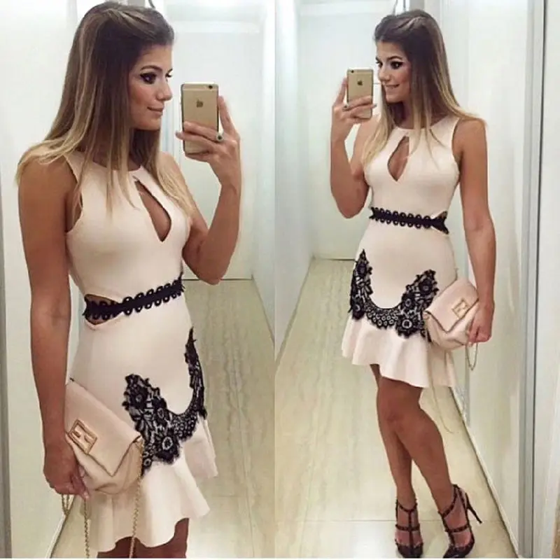 

2019 Mermaid Drees Sexy Celebrity Lace O Neck Mini Women Hollow Out Sleeveless Night Club Bandage Body con Dresses Wholesale