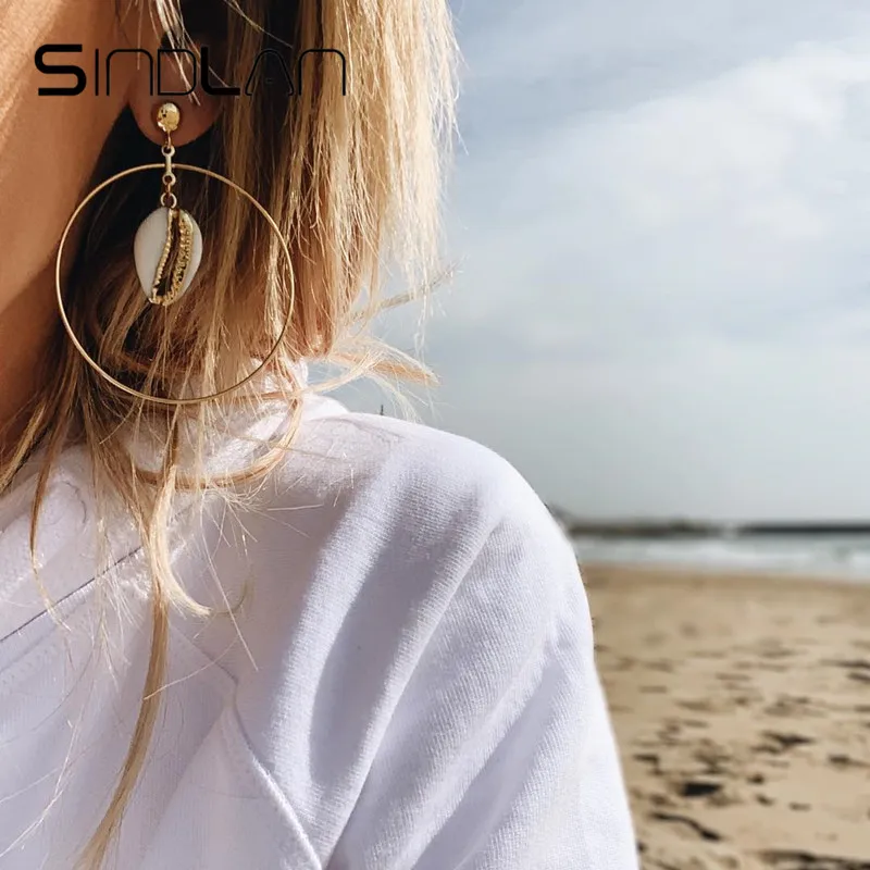 SINDLAN Hyperbole Big Circle Dangle Earrings for Women Sea Shell Drop Earrings Round Ear Stud Gold Summer Dress Jewelry Ornament