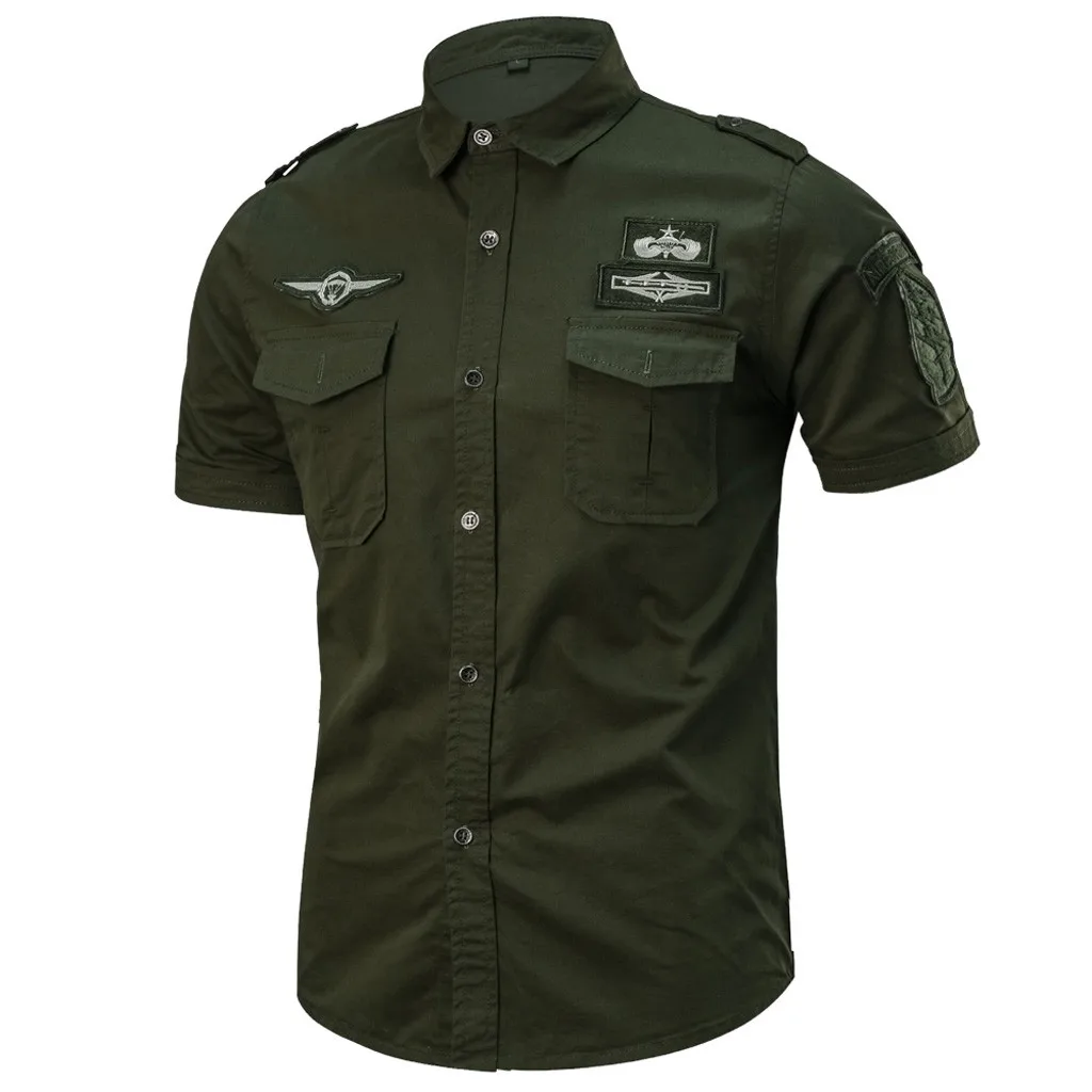 Для Мужчин's повседневное Мода Военная Униформа чистый цвет карман короткий рукав Свободные топы корректирующие Бизнес Slim Fit уличная