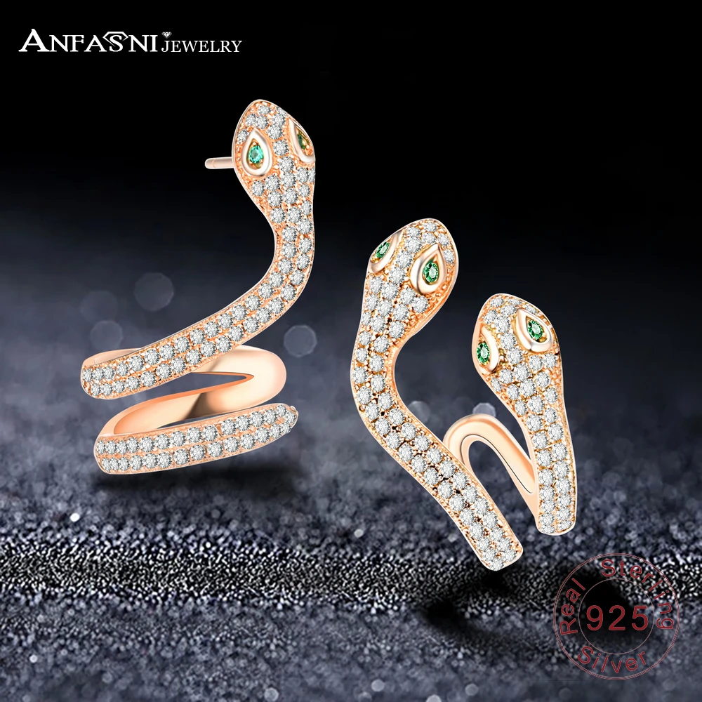 

ANFASNI High Quality 925 Sterling Silver Woman Elegant Snake AAA Cubic Zirconia Rose Gold Color Earring Luxury Ear Clip T020243