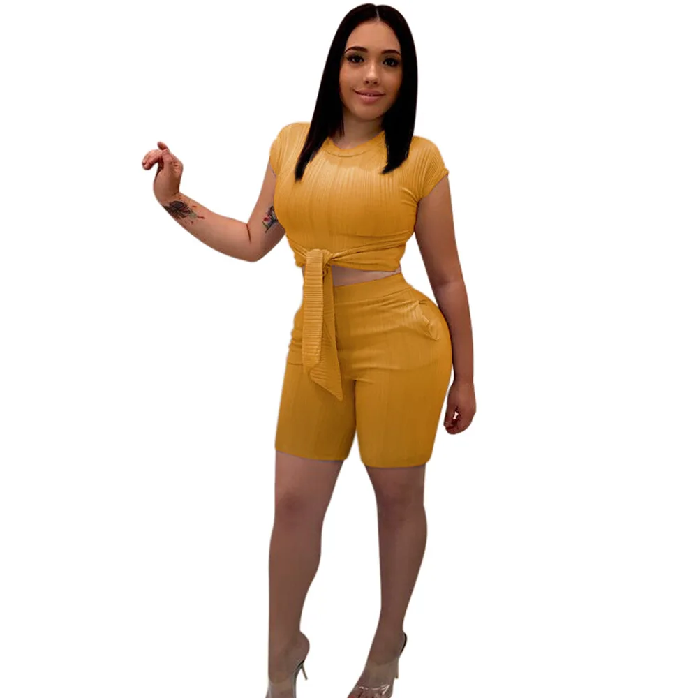 

lace-up bodycon sexy 2 piece shorts set female 2019 yellow black women club two piece tracksuit summer crop top outfits