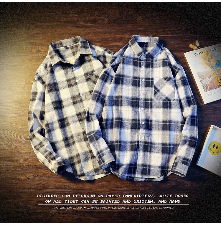 Men's Casual Plaid Dress Shirts Long Sleeve Urban Streetwear Casual Button Up Shirt For Male Large-Scale Plaid Pocket Top CS08 (7)