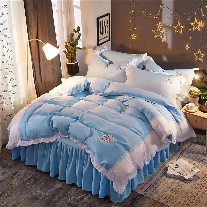 

3/4Pcs Princess style luxury bedding sets queen king size duvet cover set bed skirt set pillowcase blue white ruffle bedclothes