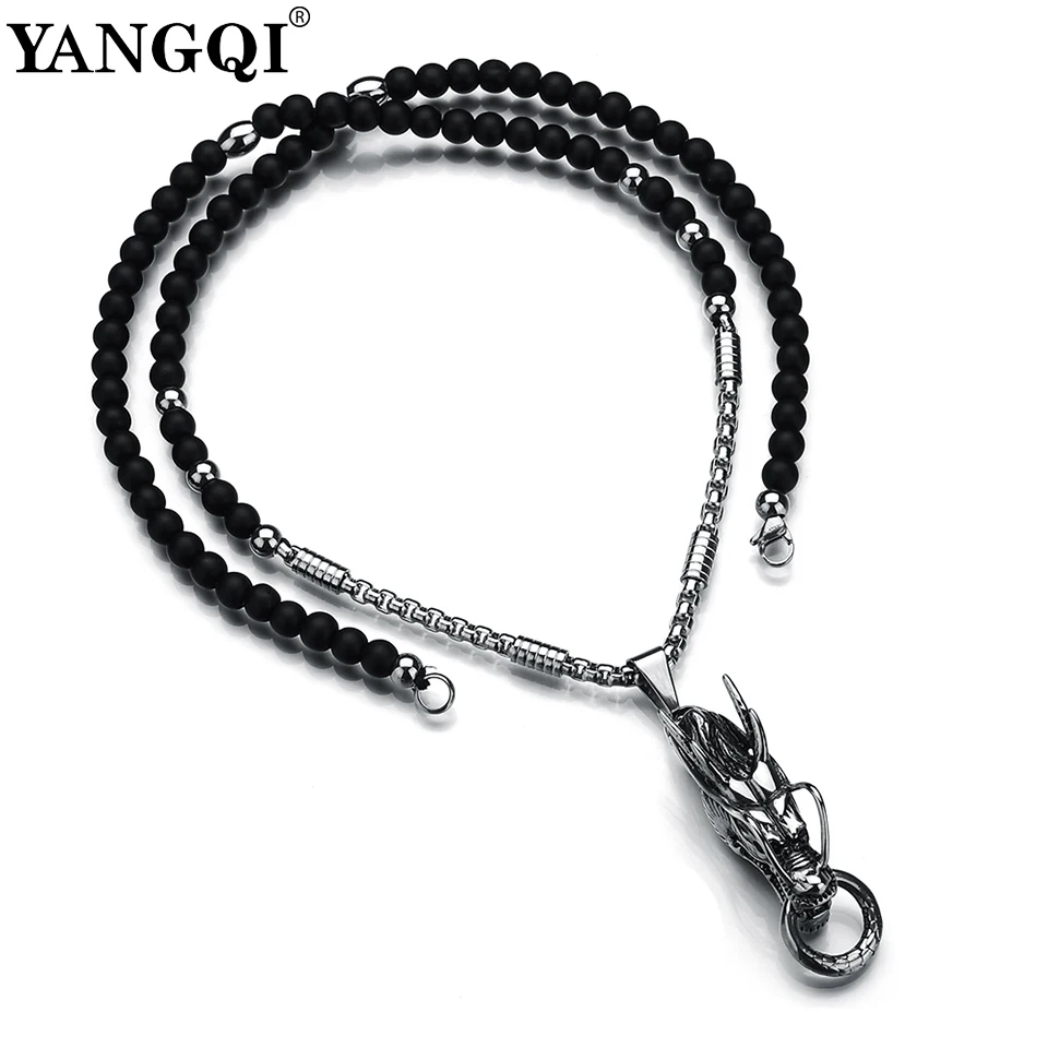 

YANGQI Cool Stainless Steel Chinese Mythical Dragon Totem Pendant Necklace Beads Chain Gothic Animal Head Lucky Jewelry for Men