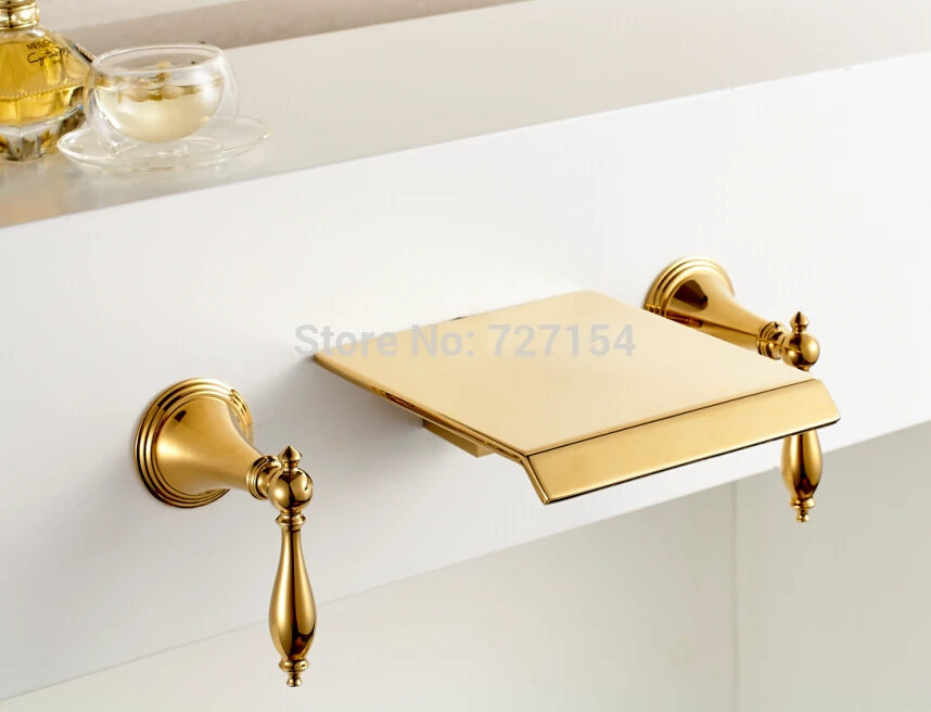 Free Shipping! Wall Mounted Golden Brass Bathroom Basin Faucet Dual Handle Waterfall Sink Mixer