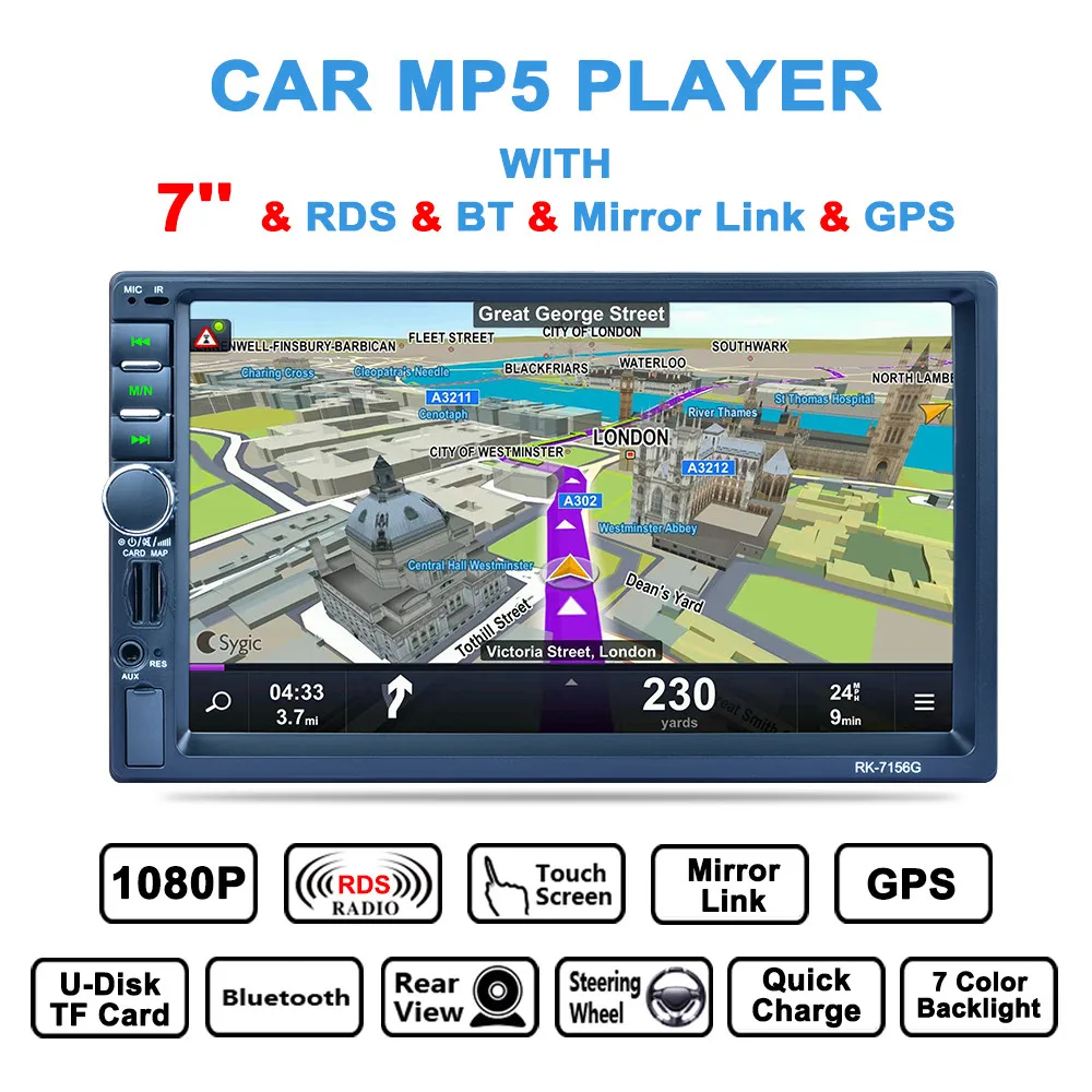 

7'' 2 DIN Bluetooth Auto Multimedia Car Stereo MP5 Player GPS AM/FM/RDS Radio Support Mirror Link/Aux In/Rear View Camera