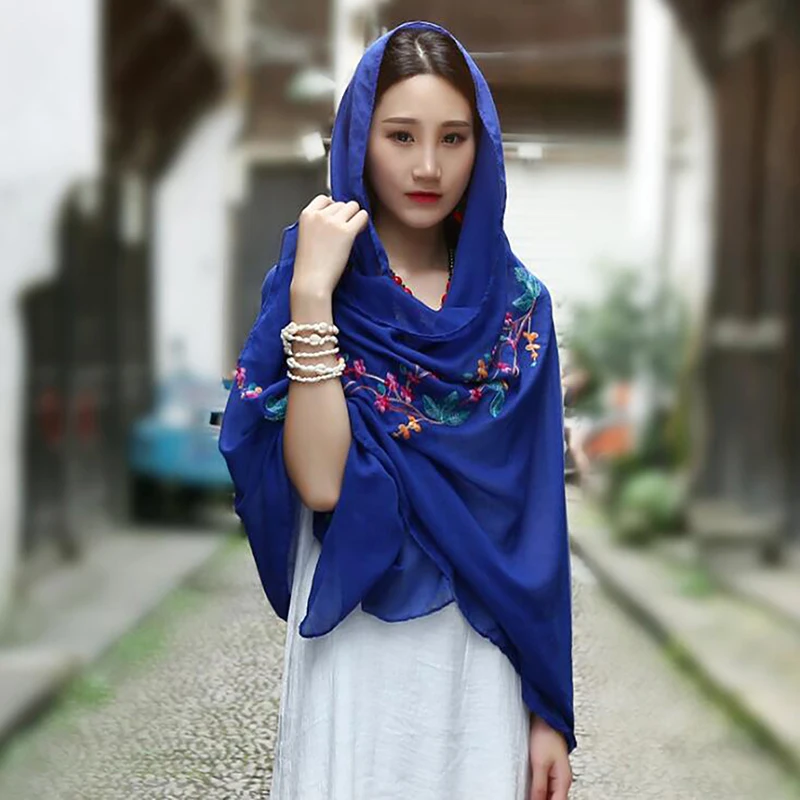 Модный вышитый шарф из вискозного шелка Женские Простые хлопковые шарфы шаль Цветочная вышивка мусульманский хиджаб 2019