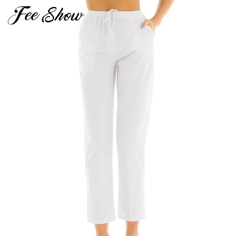 

White Color Womens High Waist All-around Elastic Waistband Drawstring Loose Medical Nursing Cargo Scrub Pants