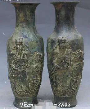 

10" Old Chinese Bronze Wealth God Mammon Pine Tree Flower Vase Bottle Vases Pair